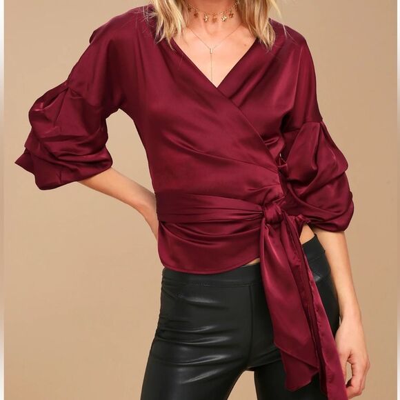 Burgundy Sheer Wrap Top Sz M Tiered Statements Sleeves elastic cuffs - Picture 1 of 11